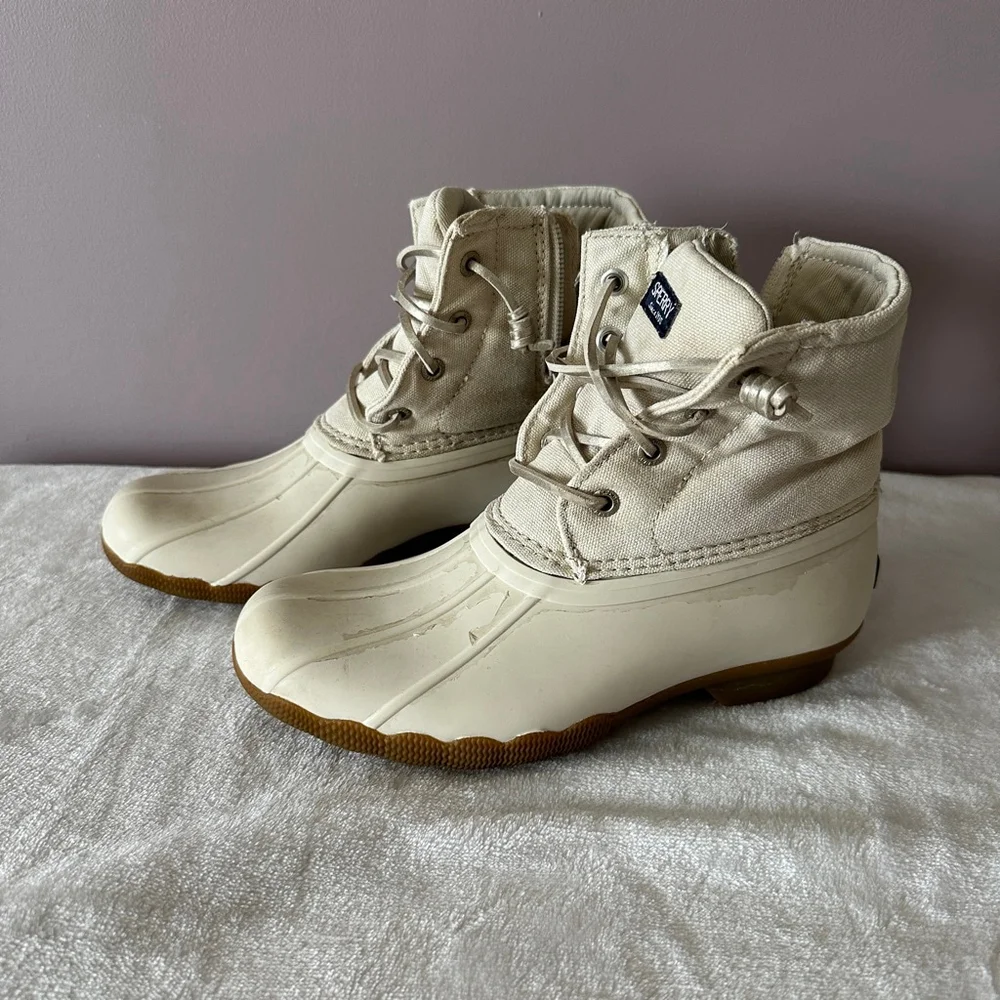 Sperry Saltwater Duck Boots Girls 2M Beige Waterproof Rain Winter Lace Zip